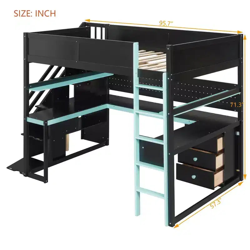 Letto a soppalco da gaming in legno con scale-contenitore, scrivania, mensole e pannello forato