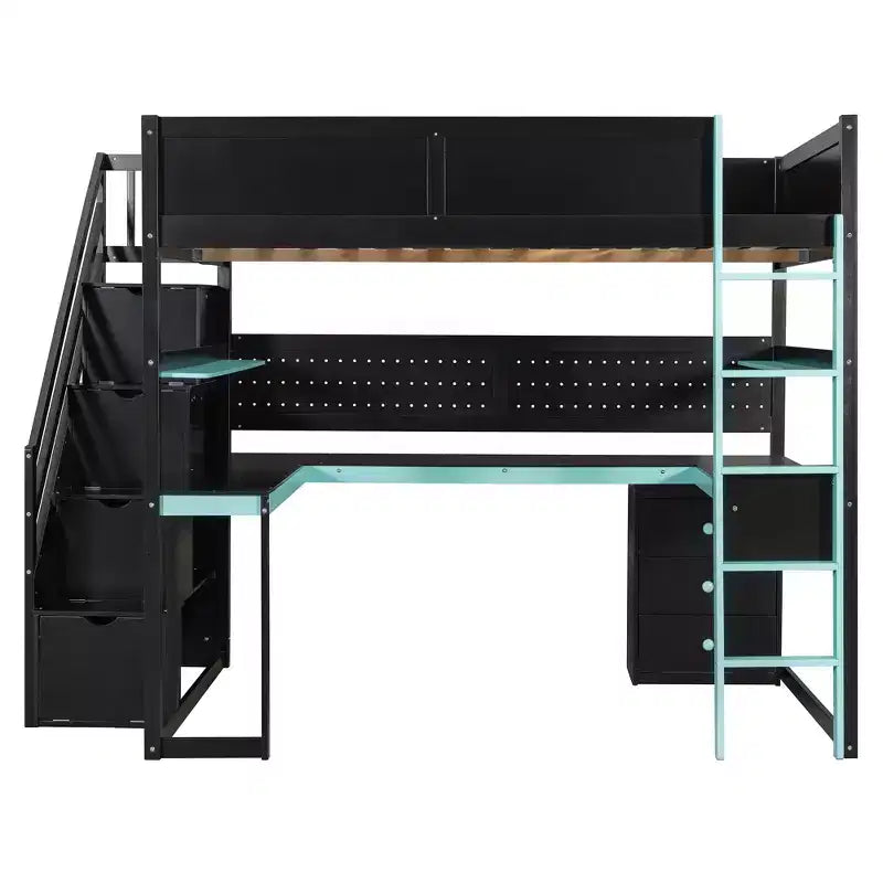 Letto a soppalco da gaming in legno con scale-contenitore, scrivania, mensole e pannello forato