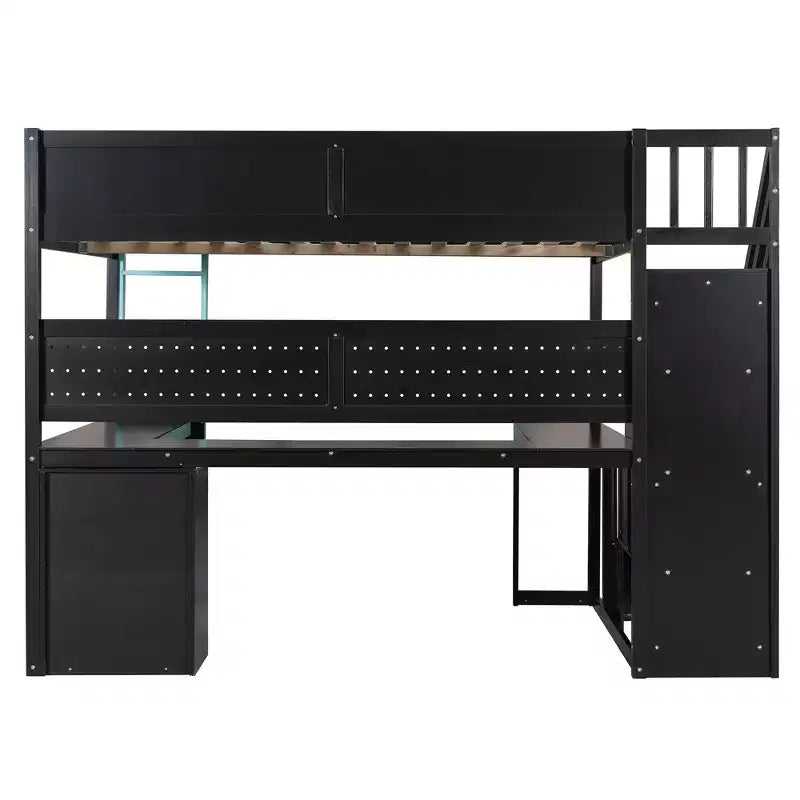 Letto a soppalco da gaming in legno con scale-contenitore, scrivania, mensole e pannello forato