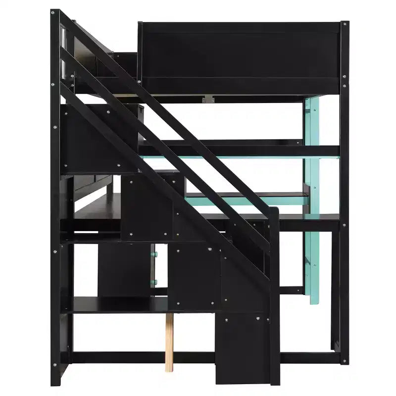 Letto a soppalco da gaming in legno con scale-contenitore, scrivania, mensole e pannello forato