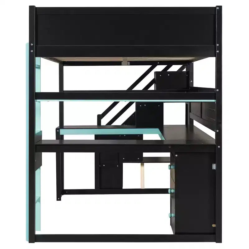 Letto a soppalco da gaming in legno con scale-contenitore, scrivania, mensole e pannello forato