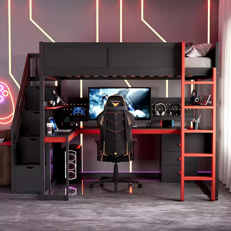 Letto a soppalco da gaming in legno con scale-contenitore, scrivania, mensole e pannello forato