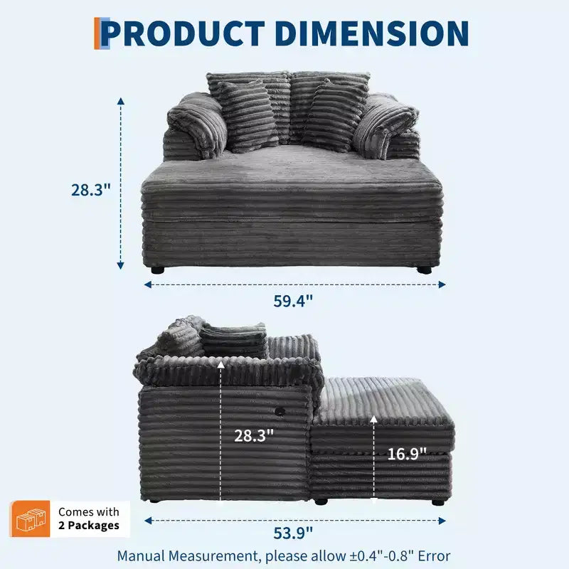 Sedia a Sdraio Oversize da Interno, Comodo Divano Lounge in Velluto a Coste, Cuscini Decorativi, Braccioli di Supporto, per Soggiorno, Sala Cinema, Camera da Letto
