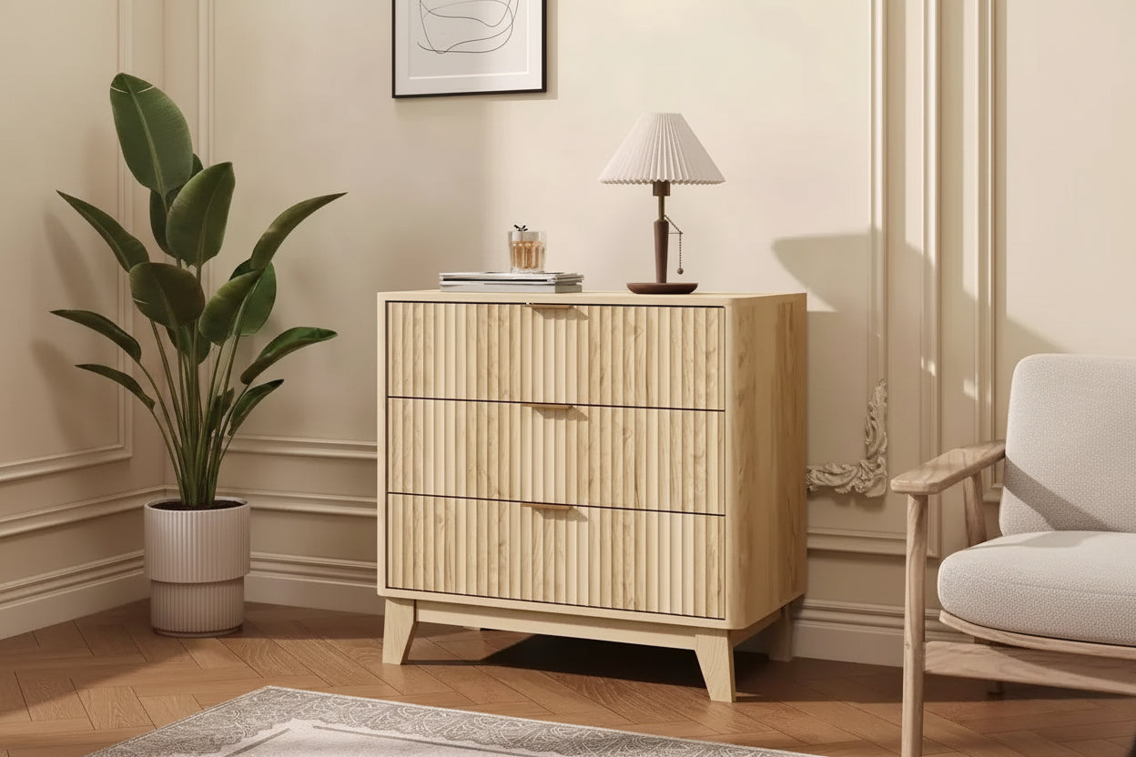 3-Drawer Fluted Nightstand, Modern Side Table with Metal Handles, 27 Wide Natural Oak Storage End Table for Bedroom, Living Room, Closet