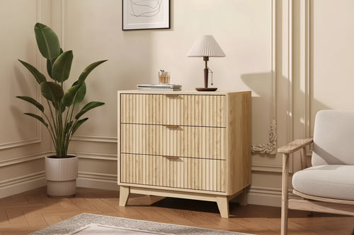 3-Drawer Fluted Nightstand, Modern Side Table with Metal Handles, 27 Wide Natural Oak Storage End Table for Bedroom, Living Room, Closet