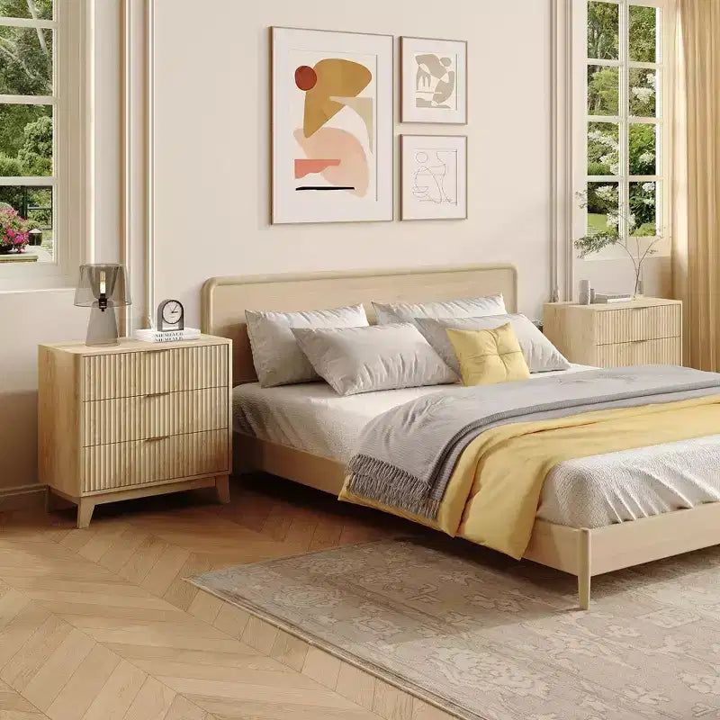 Comodino a 3 cassetti scanalato, Tavolino moderno con maniglie in metallo, Tavolino da divano da 27 pollici largo, con contenitore, in rovere naturale per camera da letto, soggiorno, cabina armadio