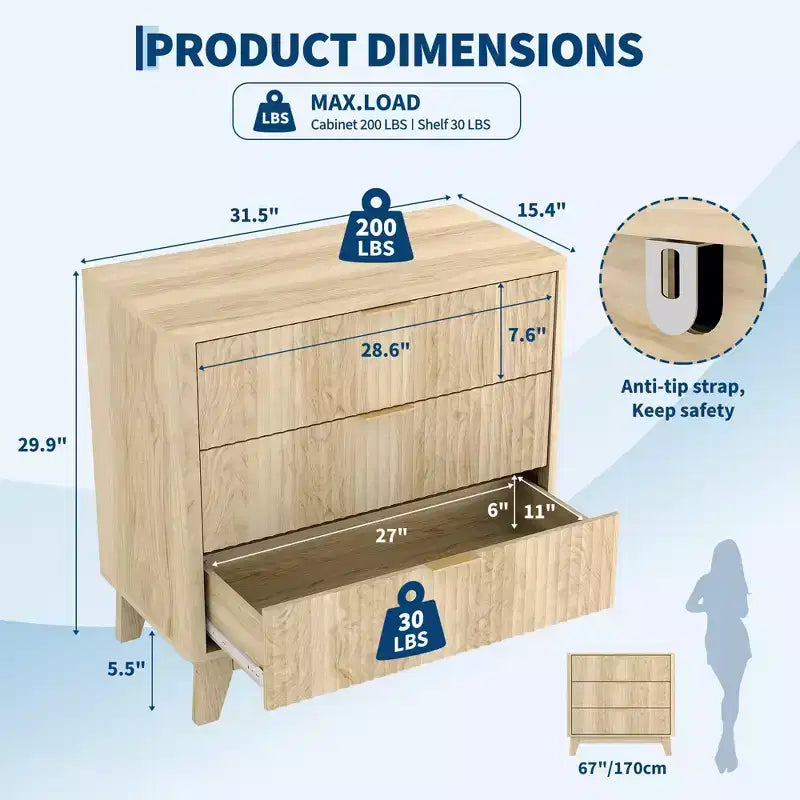 Comodino a 3 cassetti scanalato, Tavolino moderno con maniglie in metallo, Tavolino da divano da 27 pollici largo, con contenitore, in rovere naturale per camera da letto, soggiorno, cabina armadio