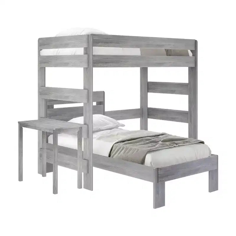 Letto a castello a L in legno massello singolo su singolo con scrivania