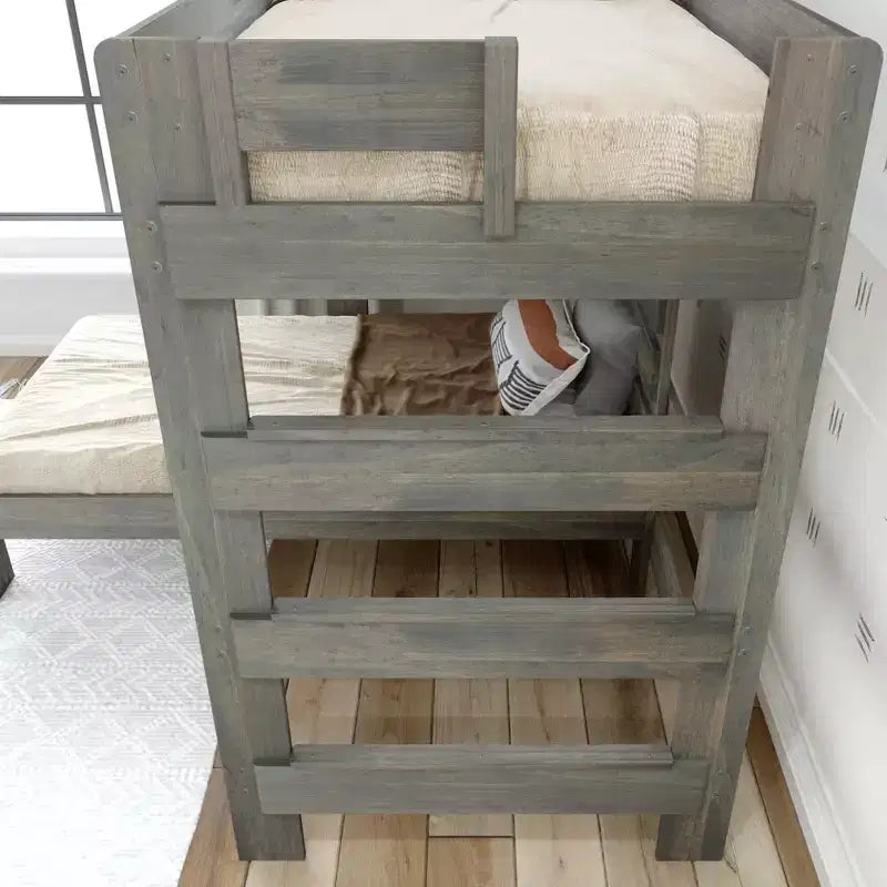 Letto a castello a L in legno massello singolo su singolo con scrivania