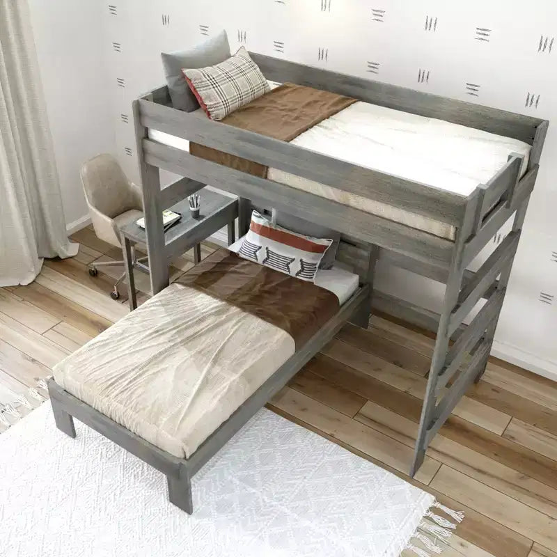 Letto a castello a L in legno massello singolo su singolo con scrivania