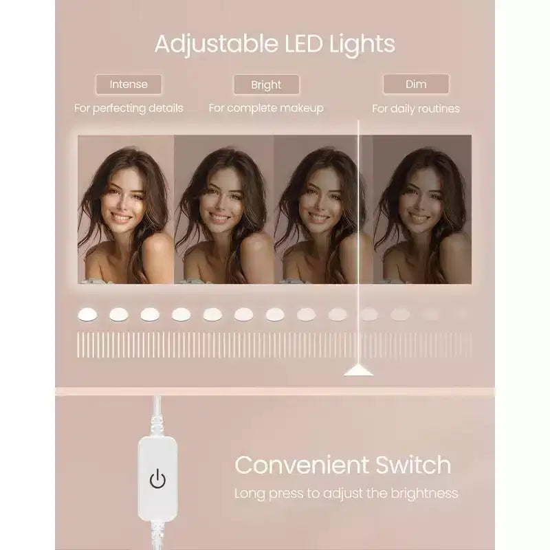 Toeletta con specchio e luci, toeletta per trucco con sgabello imbottito, 9 luci LED dimmerabili, 3 scomparti, 2 cassetti