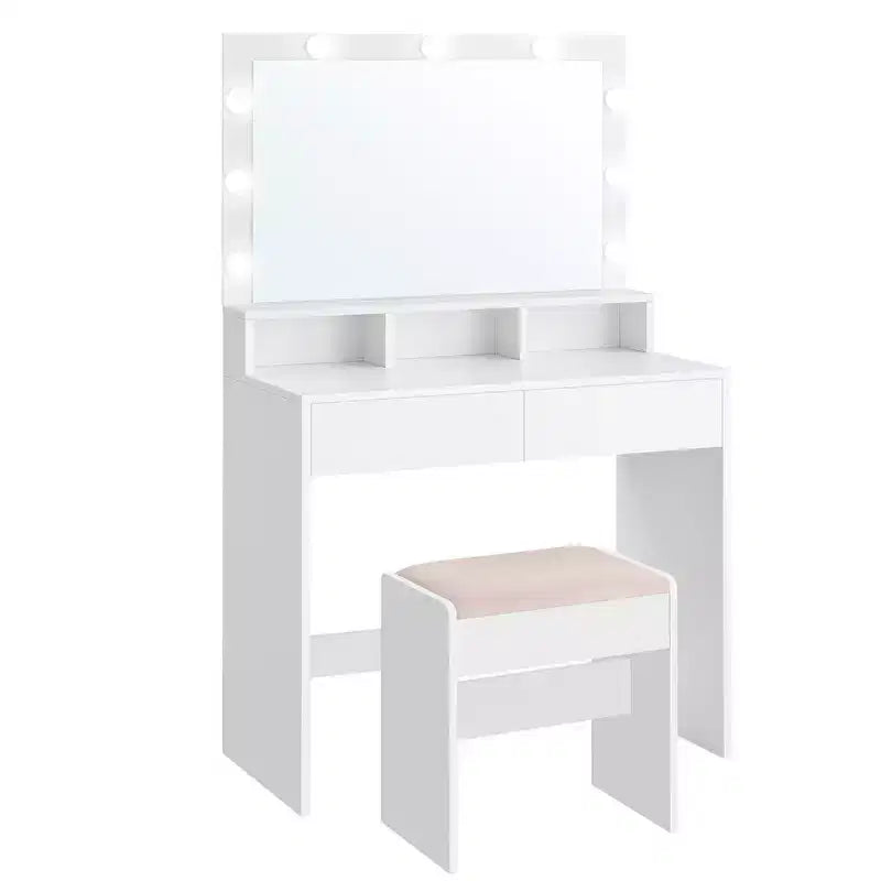 Toeletta con specchio e luci, toeletta per trucco con sgabello imbottito, 9 luci LED dimmerabili, 3 scomparti, 2 cassetti