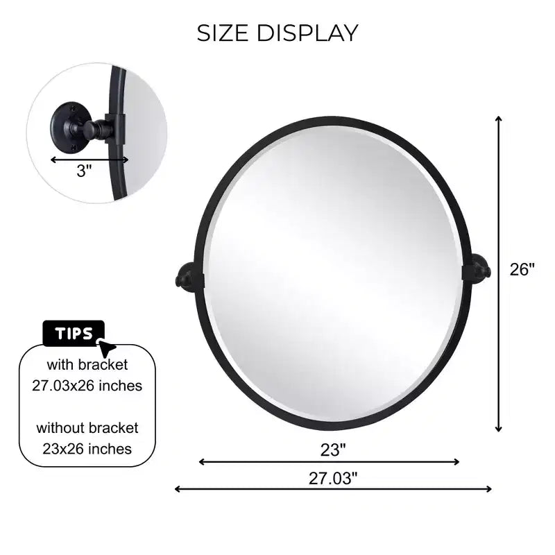 Specchio Ovale Inclinabile da Bagno con Cornice Nera in Metallo, Specchio Inclinabile con Bordo Smussato per Parete, Dimensioni Totali 68,66 x 66,04 cm (Specchio 58,42 x 66,04 cm)